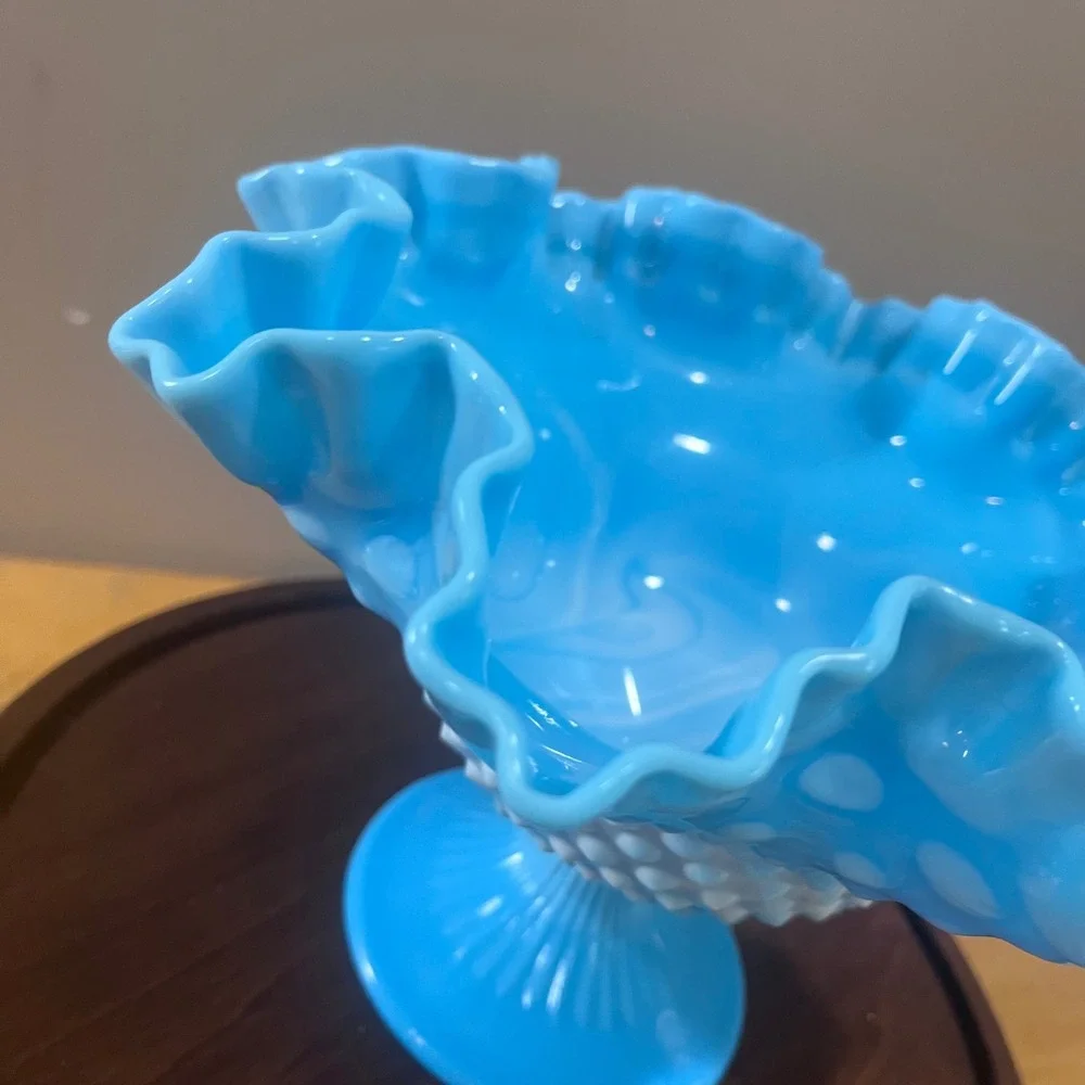 Vtg Fenton Blue Slag Hobnail Dbl Ruffled Pedestal Compote Bowl MCM Art Glass
